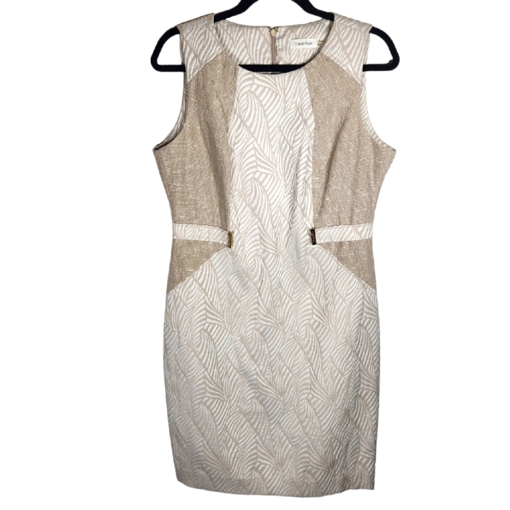 Calvin Klein Leaf Pattern Sheath Dress Womens 12 Tan
